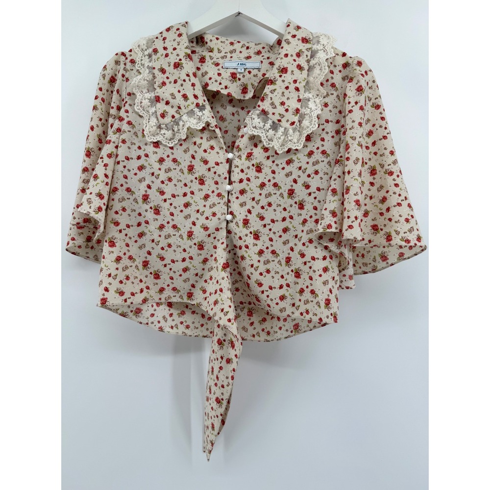 J.ING Floral Lace Collar Tie Front Crop Top Blouse Cream Red Rose Small